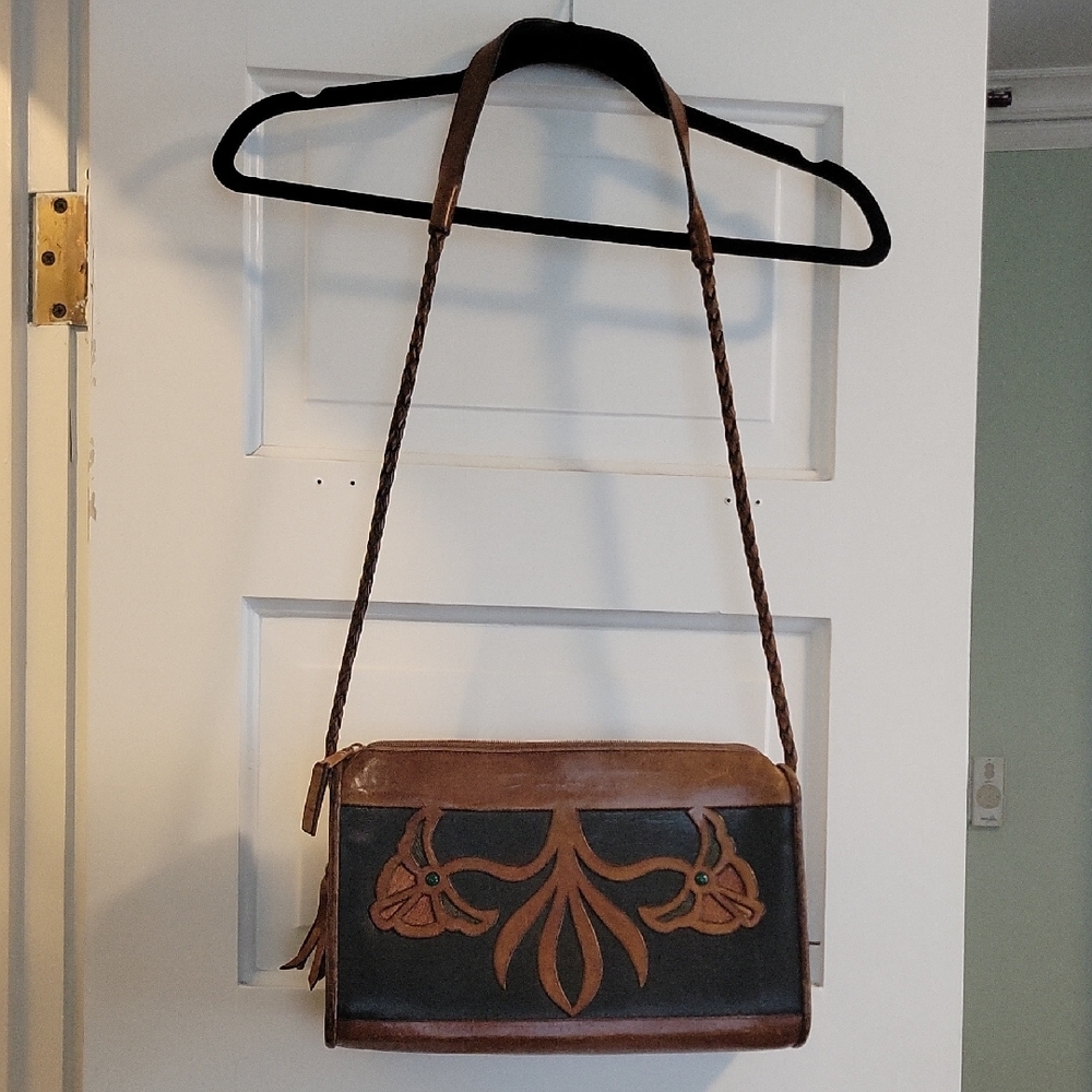 Vintage Two-Tone Leather Shoulder Bag Tooled Art Deco Floral Western